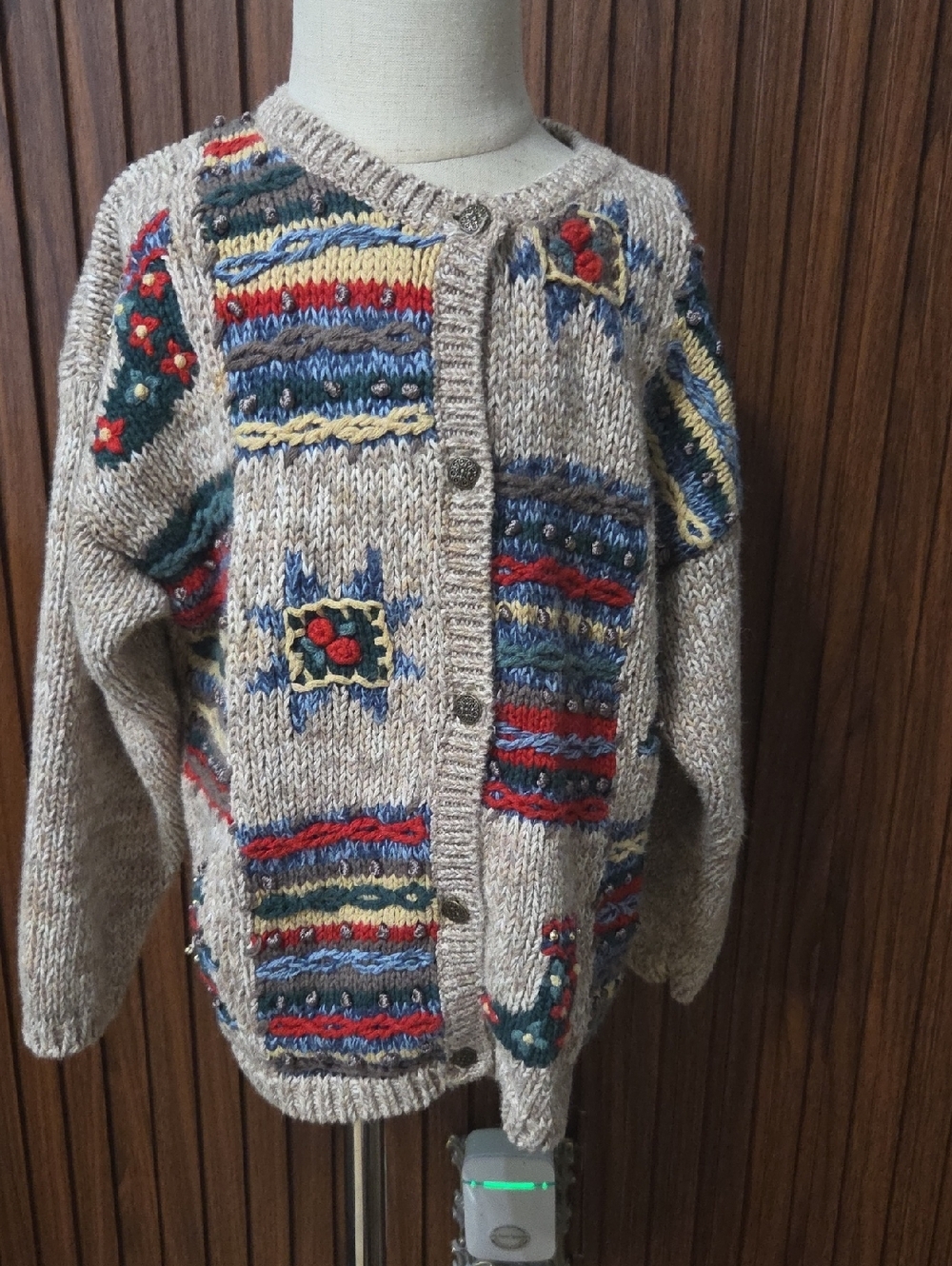 Christopher & Banks Beige Knit Pea Coat with Multicolor Embroidery